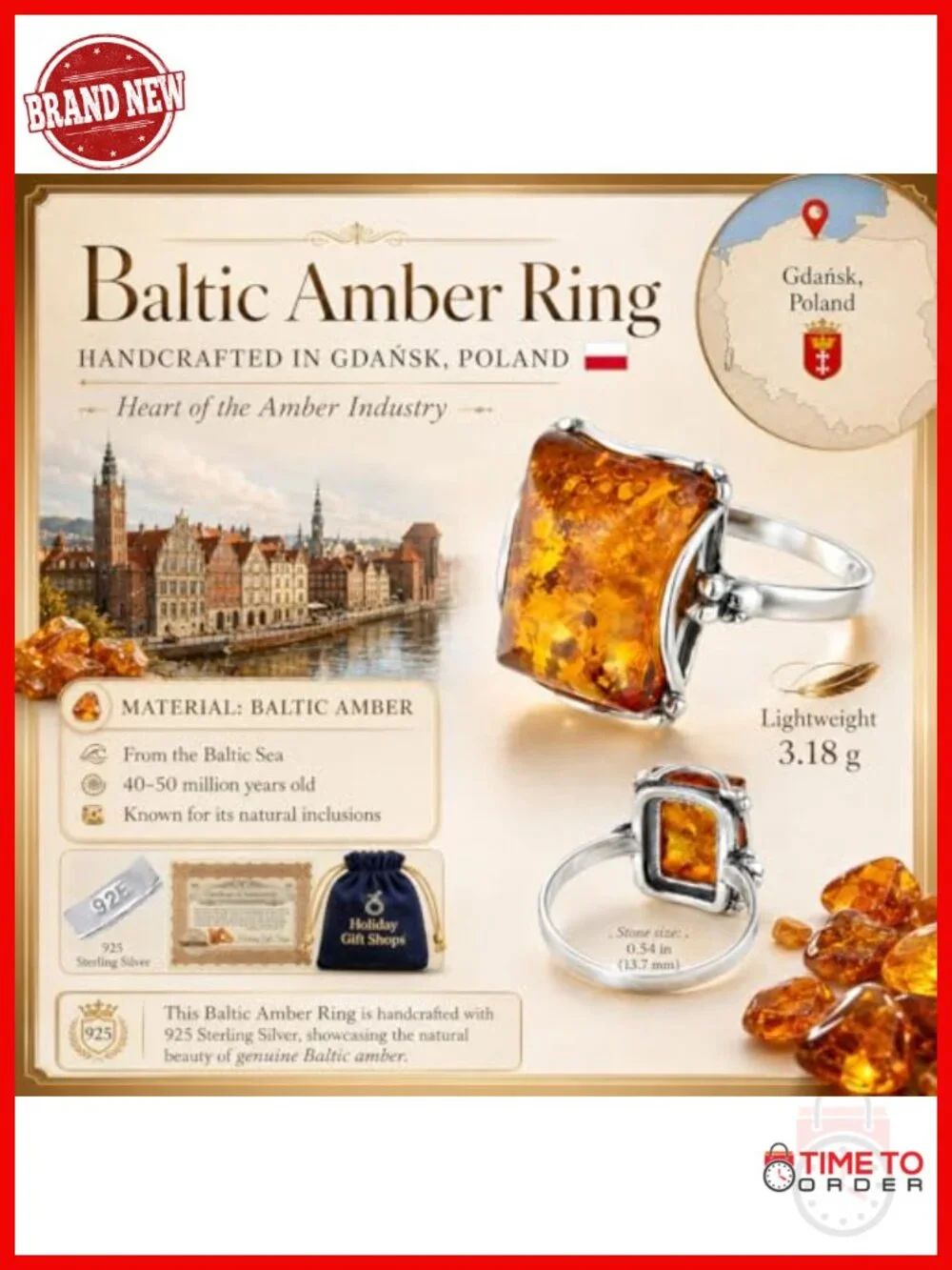 Sterling Silver & Real Baltic Amber Rectangle Ring